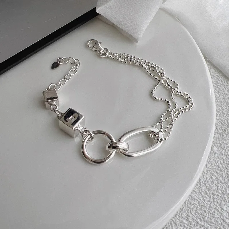 925 Sterling Silver Bracelet Geometric Cube Circle Punk Asymmetric Beaded For Woman Girl Fashion Jewelry Gift Dropship Wholesale