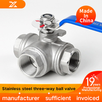 304 stainless steel three-way ball valve with switch buckle L/T type one in and two out inner wire valve switch 6/4 minutes