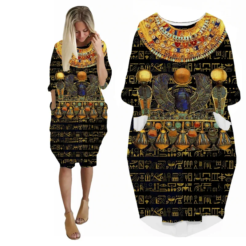 SONSPEE New Retro Style 3D Printed Graphic Dress Egyptian Script Harajuku Long Sleeve Women Casual Robe Street Personality