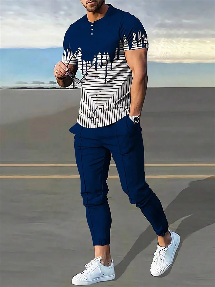 

Ink-wash Checkered 3D Printed Loose Casual Men's Round-neck 2pcs Autumn Set, Harajuku Street Fashion Men's Thin Long Pants Set