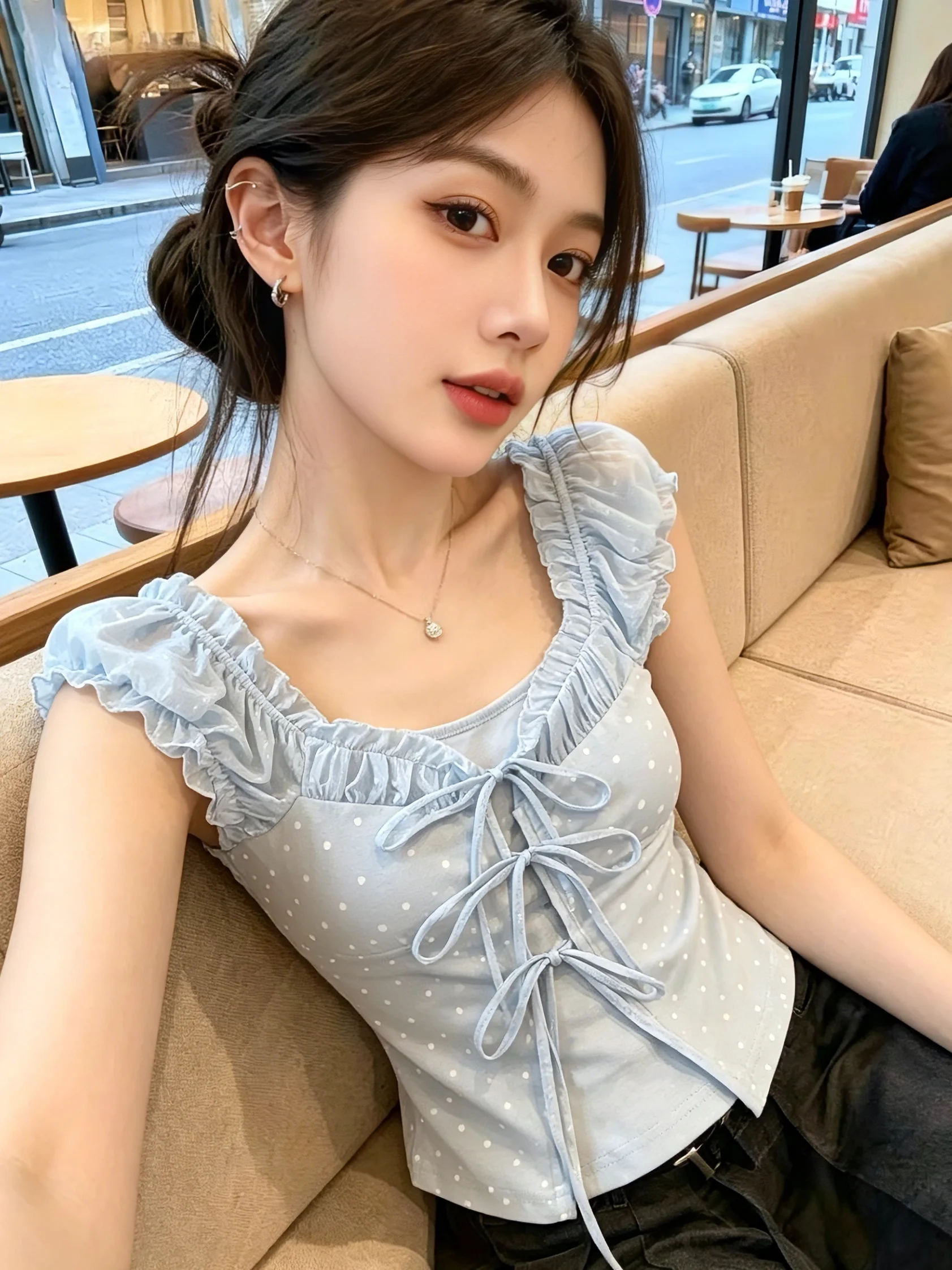 

Summer Polka Dot Bow Tie Flying Sleeve Shirt Women's Short Style Sweet Anti-Aging Self-Preservation Korean Version Slim Fit