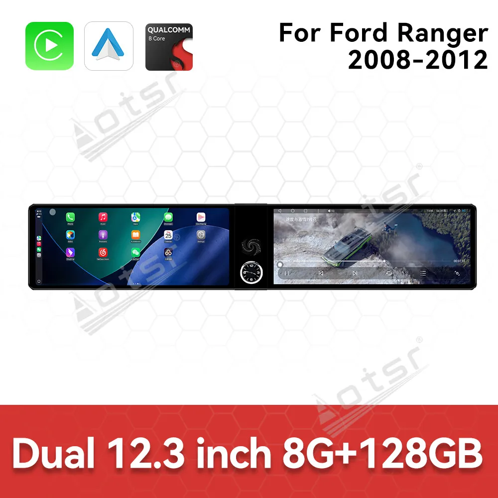 

12.3-дюймовый сенсорный экран с двумя сенсорными панелями, Android 13, для Ford Ranger 2008-2012, GPS-навигация, мультимедийный проигрыватель, стереосистема, подключение Plug & Play.