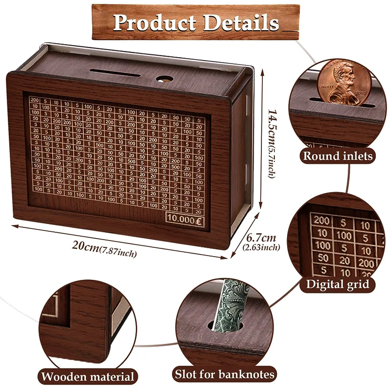 Caja de ahorro de dinero de madera, alcancía reutilizable, contenedor de dinero para caja de monedas en efectivo de 1000/2000/3000/5000/10000 euros