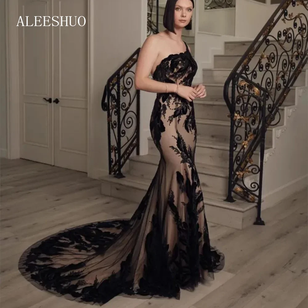 Aleeshuo-vestido de noche clásico negro con cuello redondo para mujer, traje de tul de un hombro, sirena, vestido de graduación, tren de barrido, vestido de fiesta de cóctel