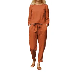 Women's Cotton Linen Suit Set Half-Sleeved O-Neck Oversized Blouse Pants for Female Casual Date Walking