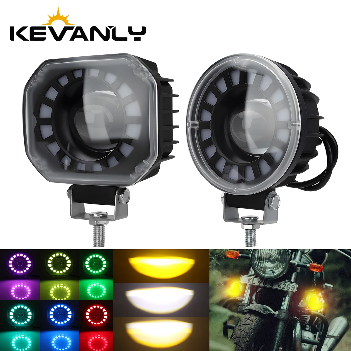 

1/2PCS Motorcycle LED Lens Headlight Fog Light 12-24V Square Circular RGB Ring Spotlight Passing Lamp For Motorcycle Accessories