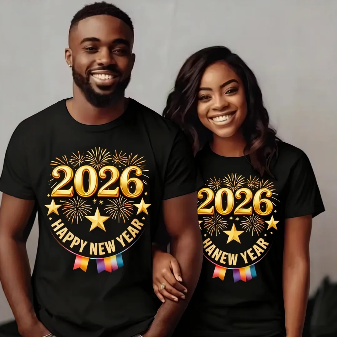 2026 سنة جديدة سعيدة تي شيرت مطبوع موضة جديدة قصيرة الأكمام الاتجاه الشارع الملابس اليومية عادية مستديرة الرقبة القمم مضحك زوجين تيز #4