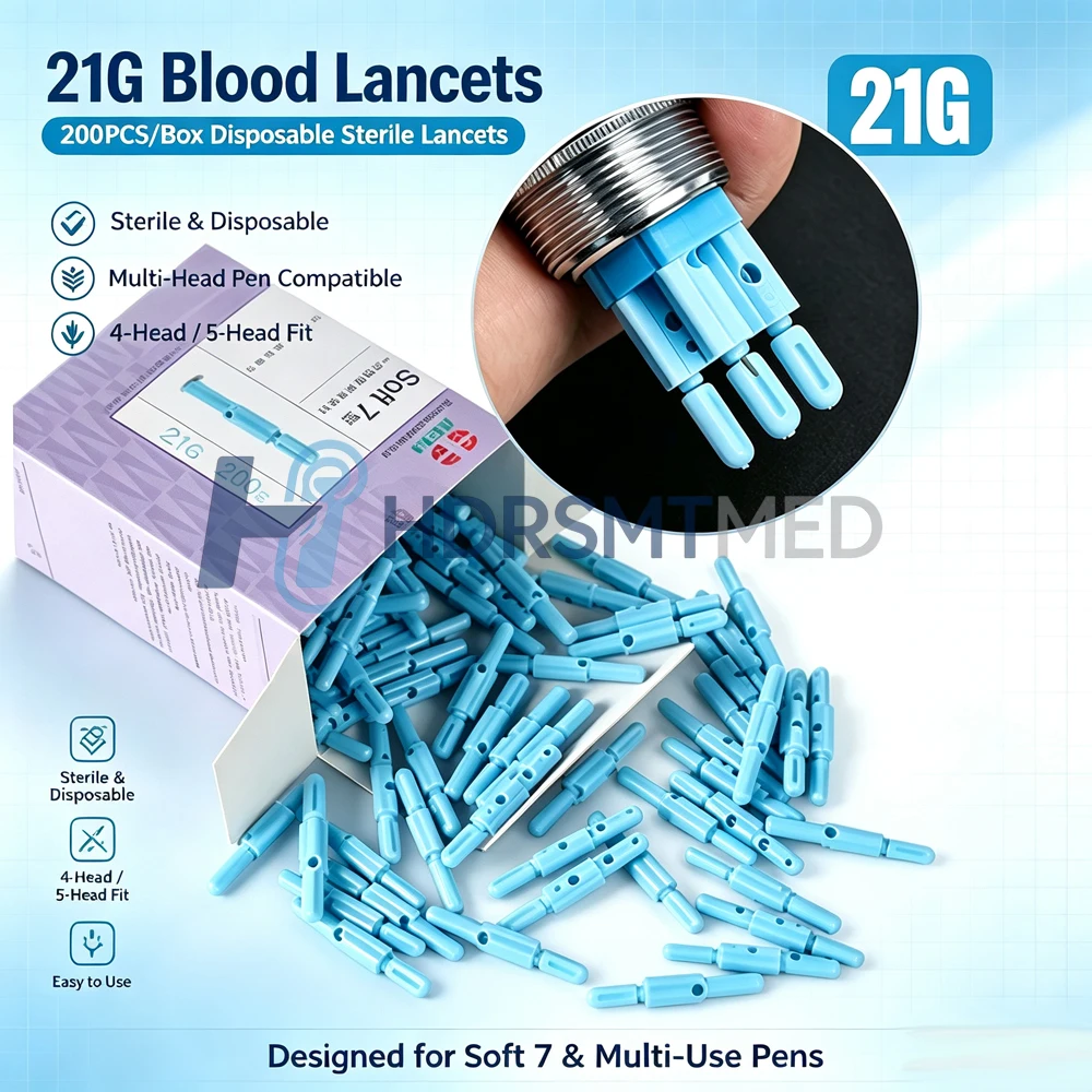 200Pcs Sterile 21G Bloodletting Pen Multi-Four Head Metal Three-Needle Medical Blood Collection Lancet Pen for Healthcare Use