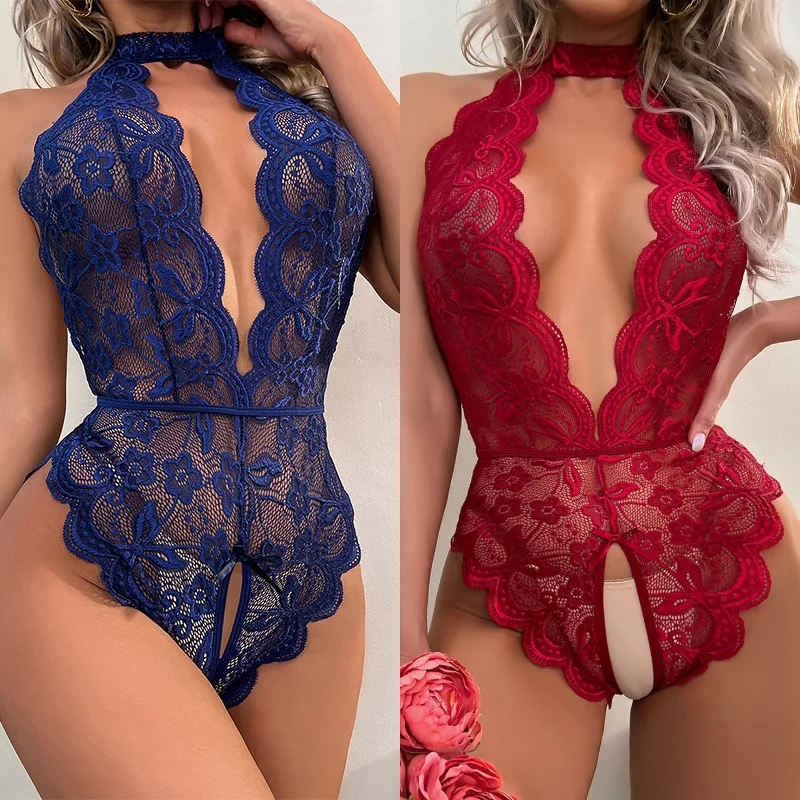 

Новое Сексуальное Женское Эротическое нижнее белье, костюмы, кружевное женское платье с открытой промежностью, экзотическое Прозрачное платье с лямкой на шее