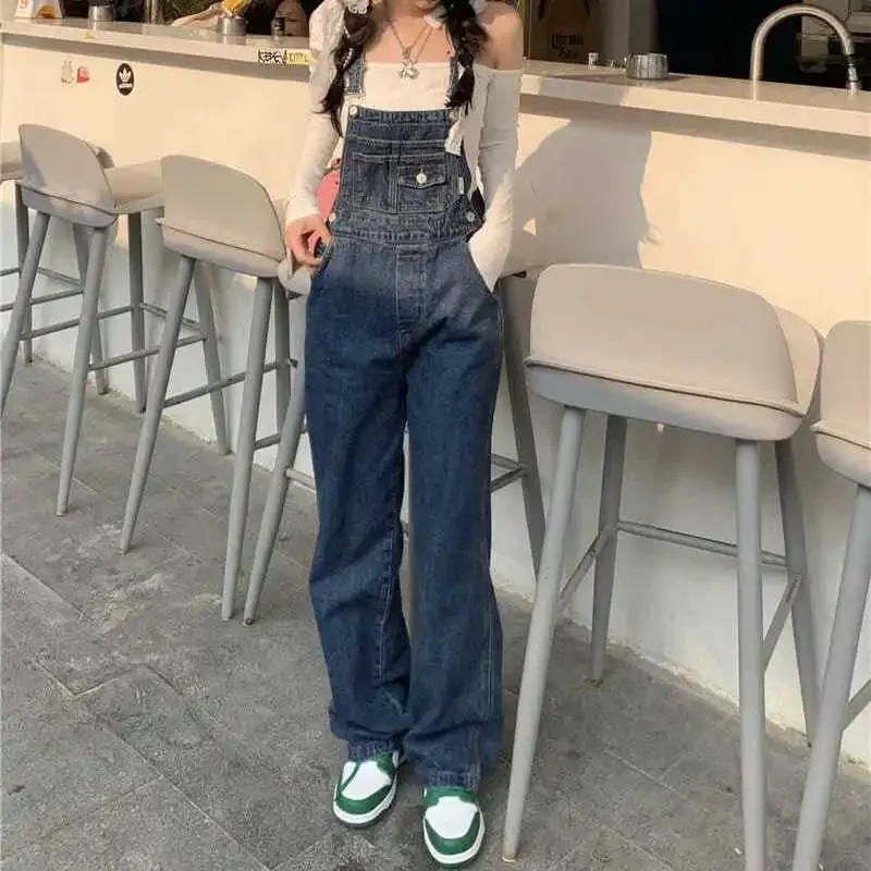 Tute di jeans vintage Donna Ulzzang Dolce per il tempo libero Studenti Tuta con cinturino Harajuku Streetwear Ins Style Distressed Full Length