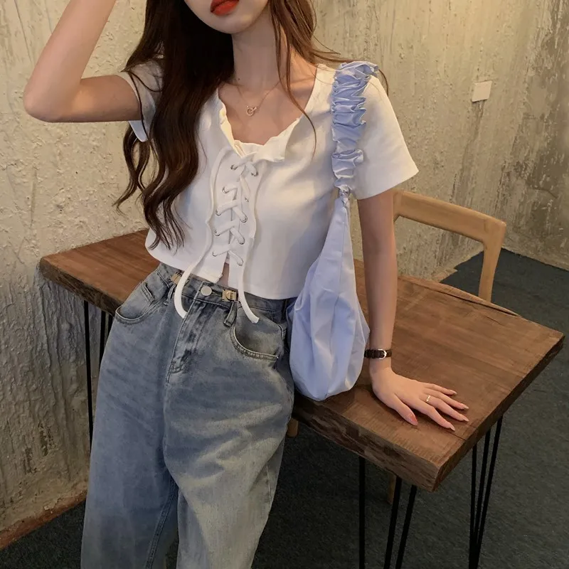 White Short Sleeve T-Shirt Women's Summer Fashion Design Bore Hole Crop Top Korean Style round Neck Slim Fit Cotton Tee