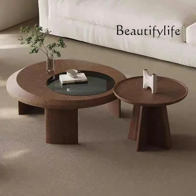 โต๊ะกาแฟไม้เนื้อแข็งสไตล์วินเทจพร้อมกระจกสำหรับห้องนั่งเล่น ดีไซน์วงกลมสองชั้นที่เป็นเอกลักษณ์ โต๊ะกาแฟทันสมัย