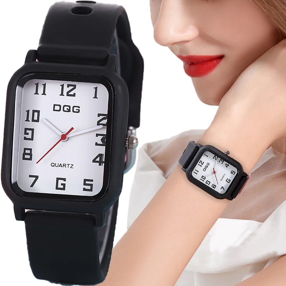 DQG Brand New Women\'s Wristwatch Fashion Trendy Casual Simple Style Silicone Strap Square Quartz Ladies Watch Student Clock