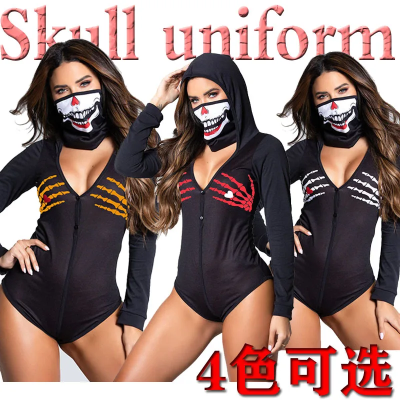 2022 Halloween Hooded Jumpsuit Zombie Skeleton Print Suit Sexy Uniform Vampire Cosplay Costume Demon Outfit Carnival Cos Party