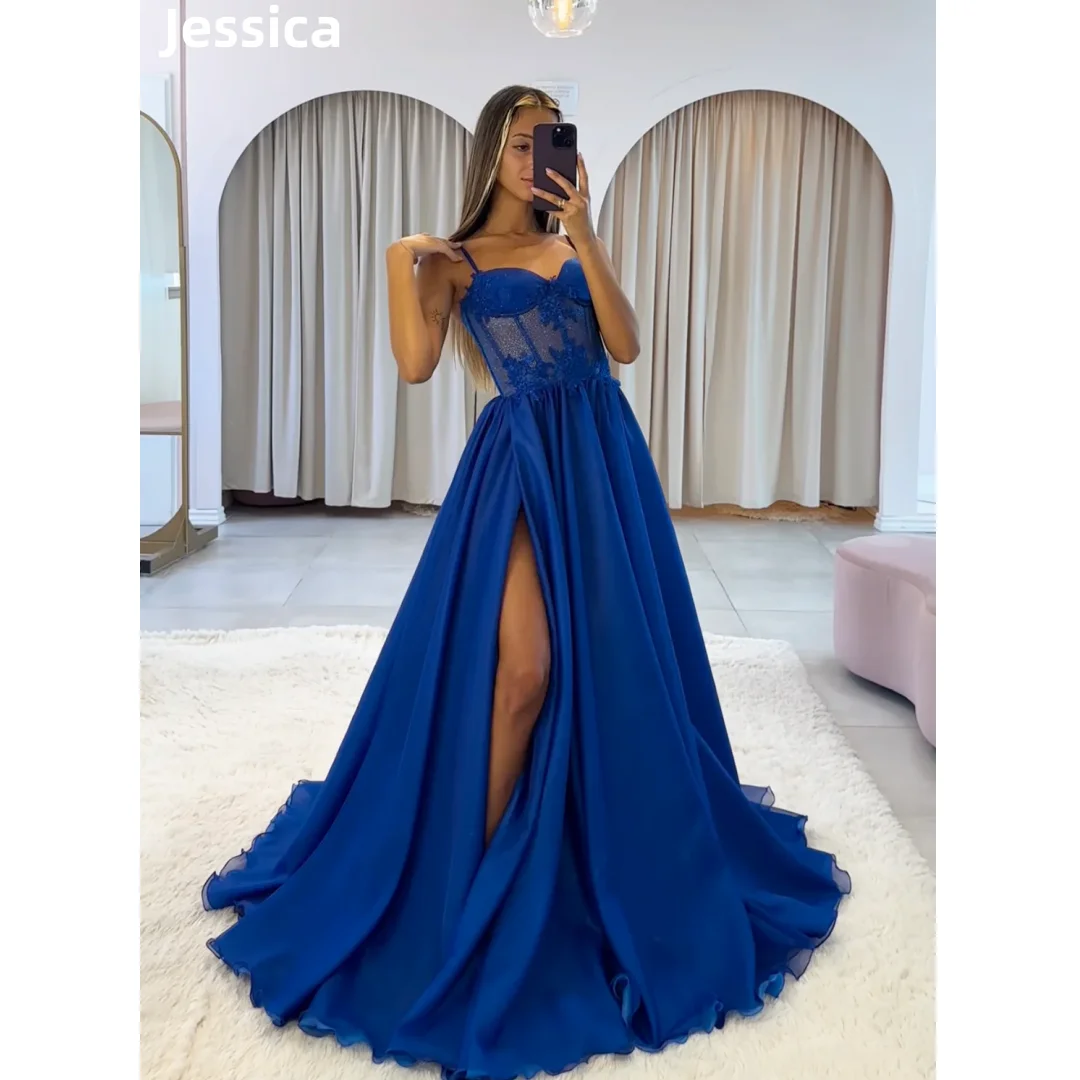 Jessica Lace Embroidery Prom Dresses Blue Chiffon Sexy Strapless Evening Dresses Princess Party Dress Special Occasion Dresses