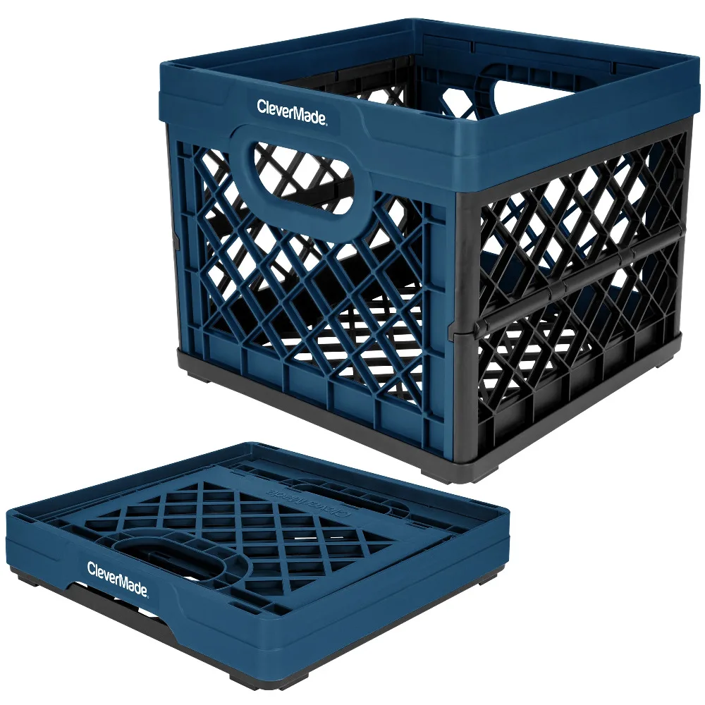 CleverMade Collapsible Eco Plastic Milk Crate, Folding Storage Bin, 6.6 gal, Ocean Navy