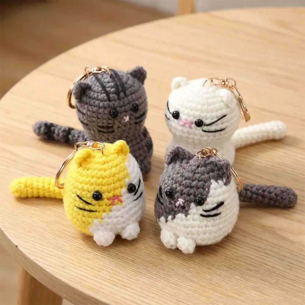 Cartoon Crochet Cat Keychain Multi-color Mini Knitted Animal Key Ring with Metal Clasp Soft Yarn Kitten Doll Keychain