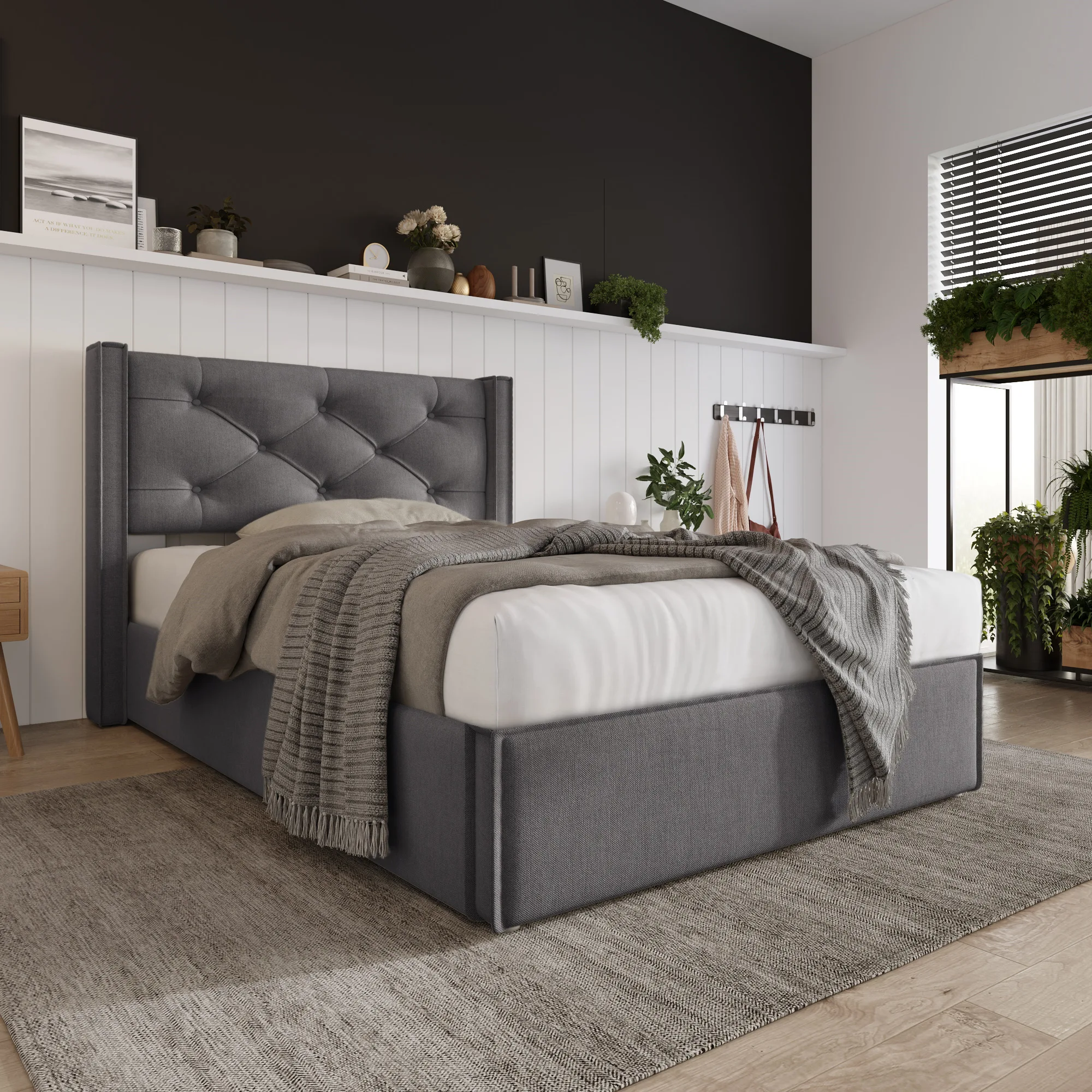 KOMHTOM Hydraulisch Polsterbett Einzelbett, - Metallrahmen-Lattenrost, modernes Bettgestell mit Stauraum, Baumwollbezug