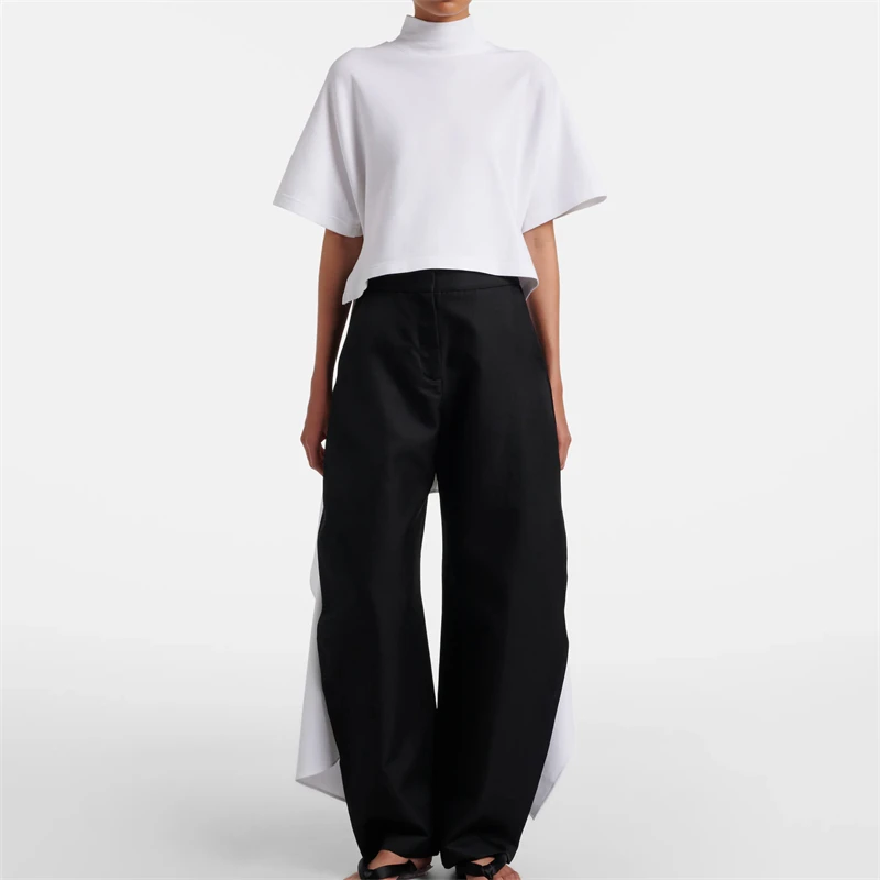 High-Quality Summer New Women's Stand Collar Asymmetrical Short Sleeve T-Shirt Fashion Casual High-Street Tailored Knitted Top