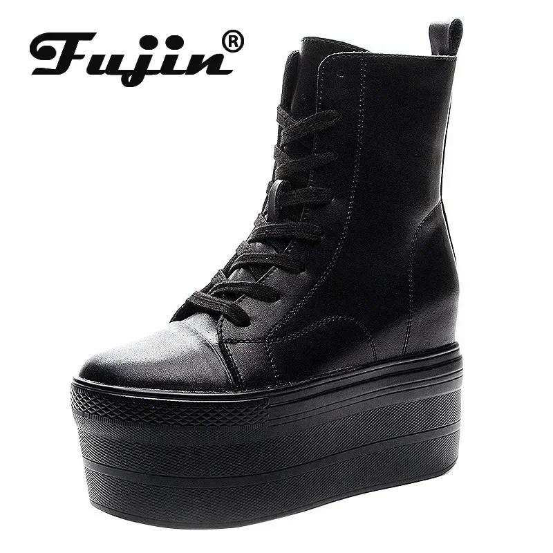 Fujin Genuine Leather 10cm Super Thick Sole Platform Wedge Hidden Heel Boots Shoes Zipper Winter Boots Ankle Warm Booties 2024