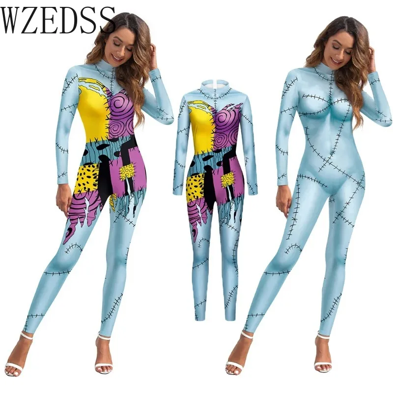 

Halloween Party Nightmare Sally Cosplay Sexy Skinny Jumpsuit Wear Onesie Women Elastic Bodysuits Rompers Before Christmas