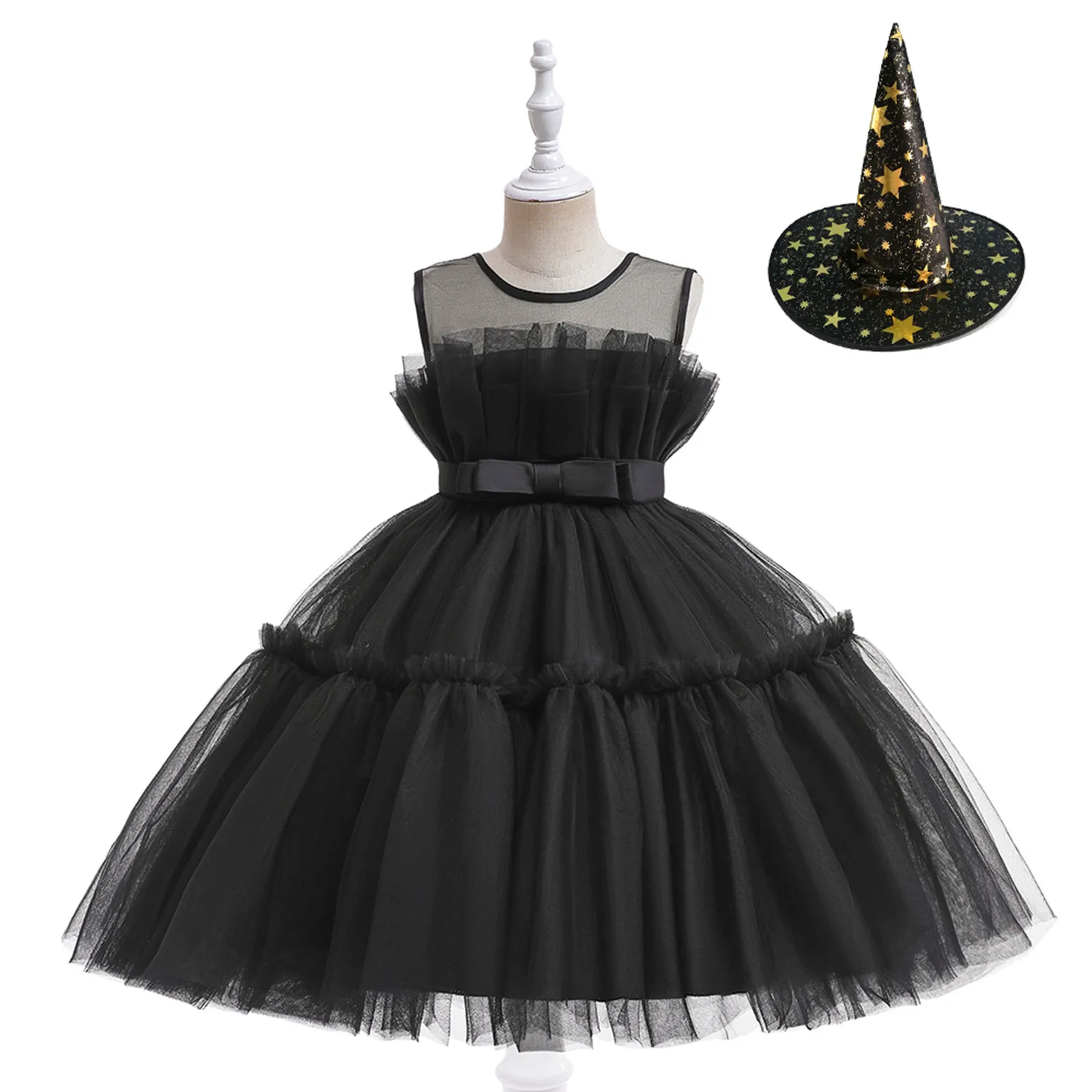 

Girl Ruffles Princess Party Dress With Hat Infantil Wedding Prom Gown Kids Evening Halloween Party Tulle Birthday Dresses 2PC