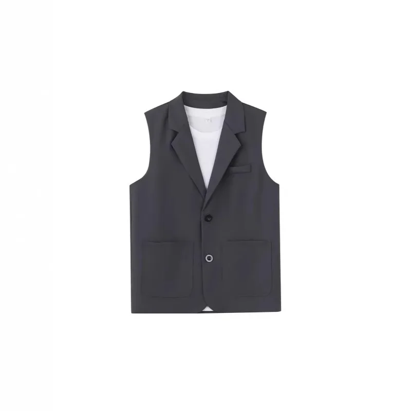 

KIDWHXR Summer Suit Vest Turn Down Collar Single-breasted Male Waist Sleeveless Pocket Versatile Business Casual Man Coat