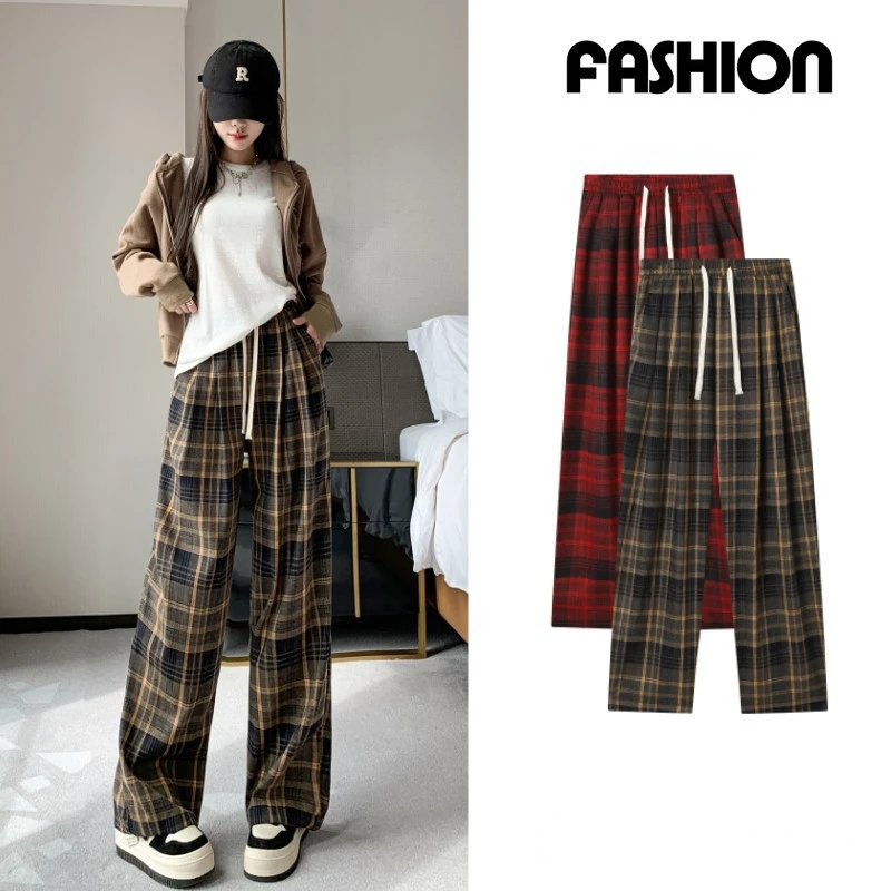 

Korean Fashion Plaid Casual Pants Women's Elastic Waist Straight Leg Sports Pants