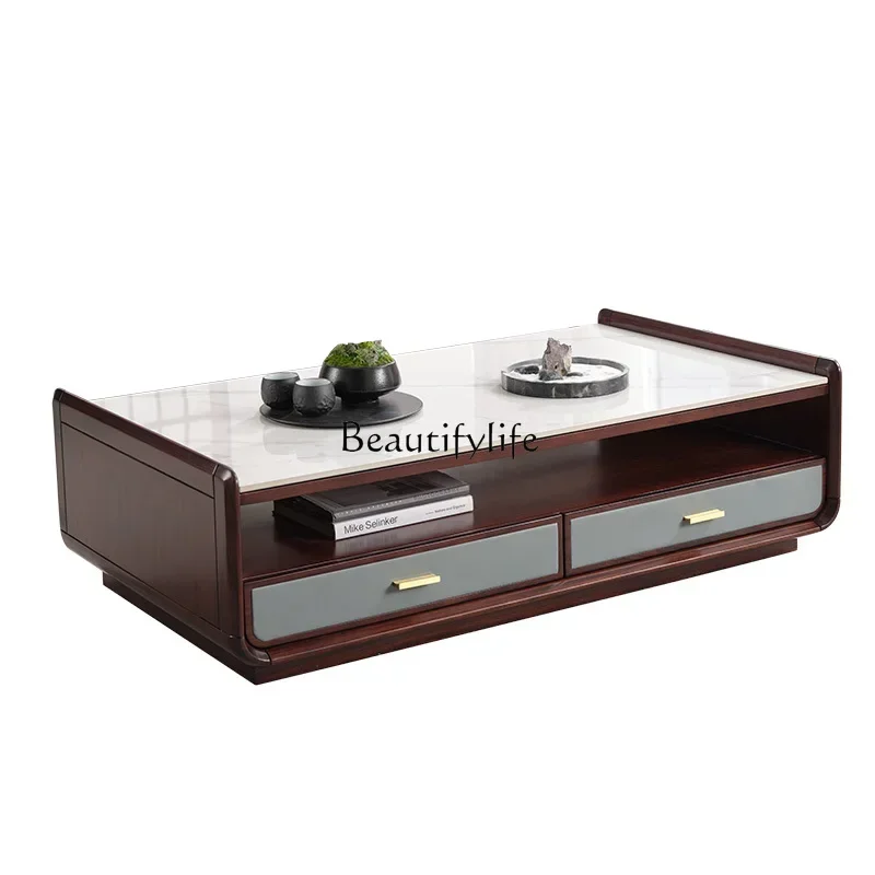 

LНовый китайский журнальный столик для гостиной, бытовой журнальный столик из каменной плиты из черного дерева, мебель из цельного дерева