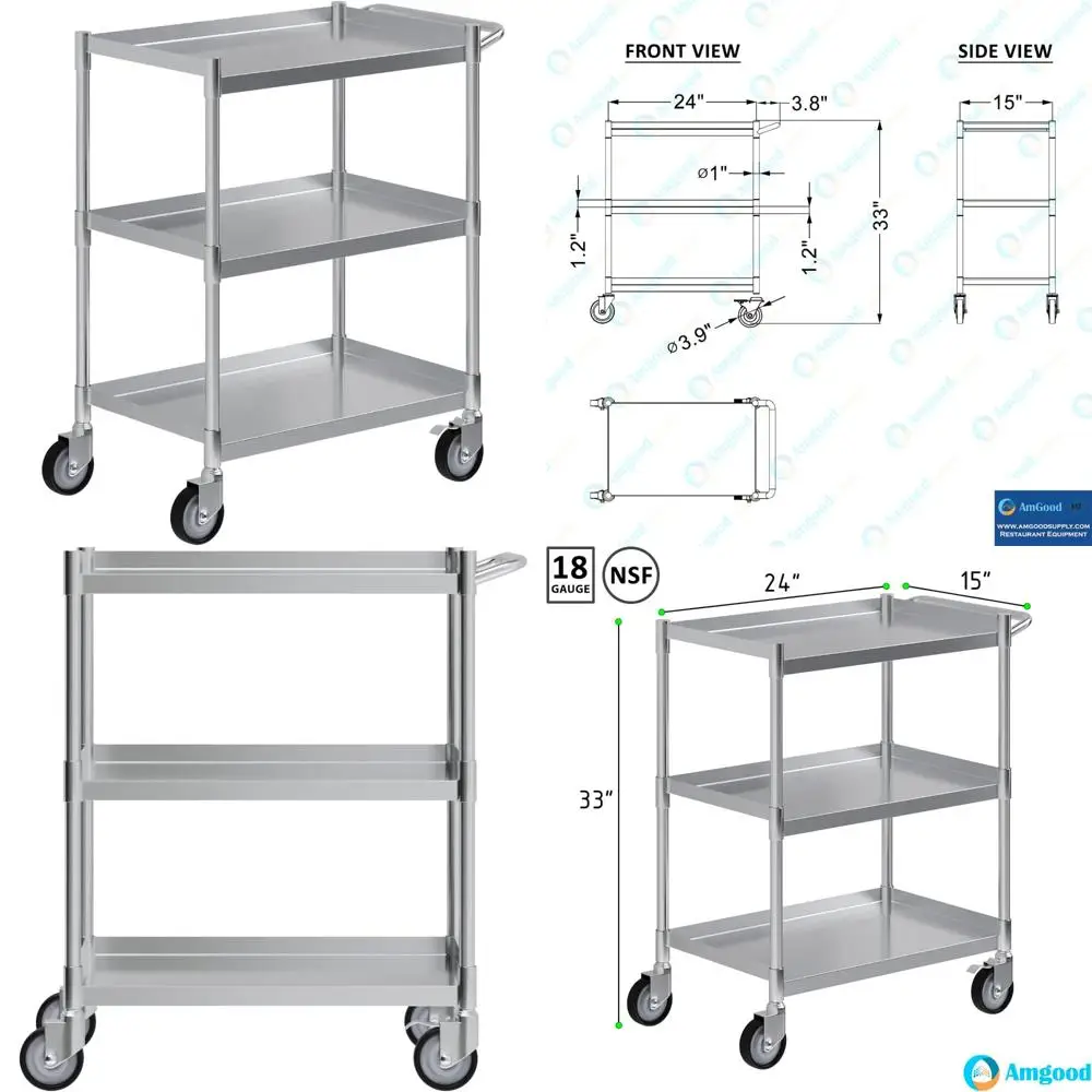 Carrinho utilitário de 3 camadas em aço inoxidável com rodas e alça - 15W x 24L x 33H, carrinho de metal durável para uso doméstico e de escritório