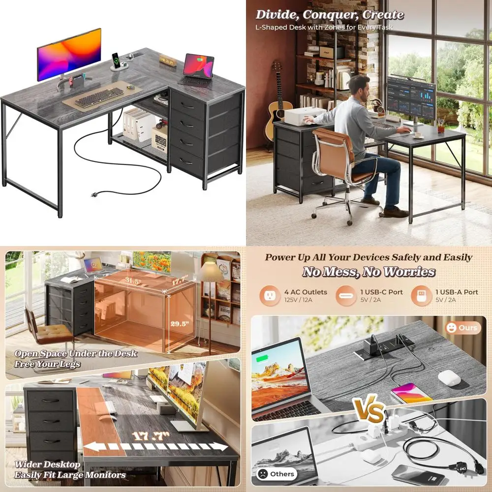 

Reversible L-Shaped Corner Computer Desk with Power Outlets and USB-C Port, 43.3-inch Compact Desk with 4 Fabric Drawers for Off