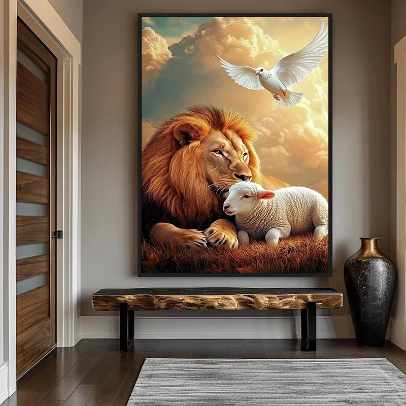 Multiple sizes 1pc frameless Canvas Painting,Lion and The Lamb Dove of Peace Poster and Prints Canvas Painting Wall Art Pictures