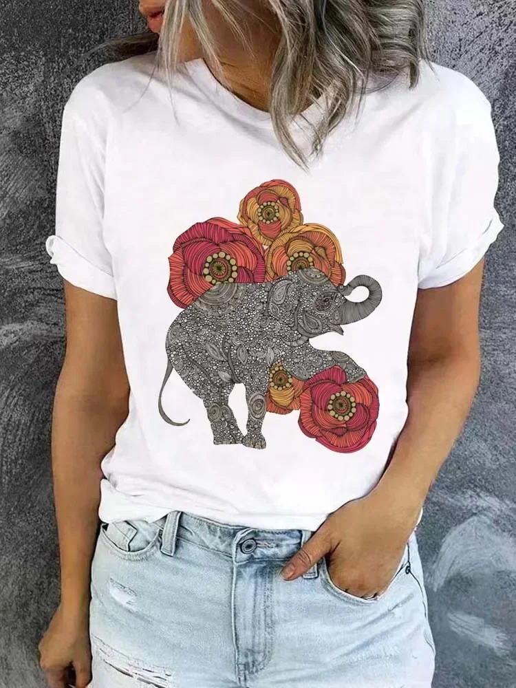 Summer Fashion Women\'s T Shirt Cute Elephant Flowers Graphic Top Harajuku Vintage Cotton Short Sleeve Kawaii Funny Tee Streetwea