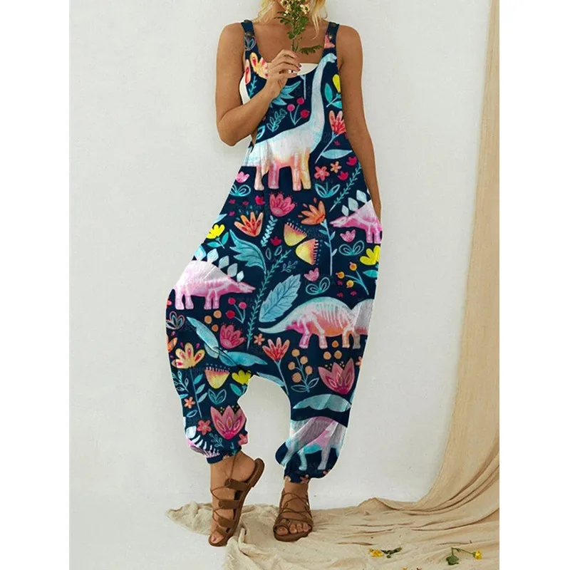 

Spot 2023 Spring/Summer New Women's Wear European and American Dinosaur Print Loose Size Hanging Crotch Strap jumpsuit