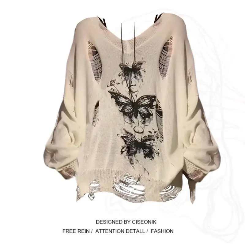 Hot Girl Butterfly Graffiti Hollow Long Sleeves to Make Women Look Slim in Summer Street-fried Loose Thin Sunscreen Blouse