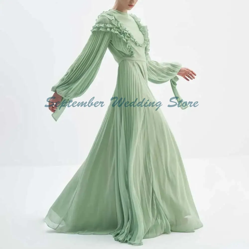 

Green Evening Dresses O Neck Long Sleeves Alliques A Line High Quality Floor Length Prom Party Special Situation Female Gowns