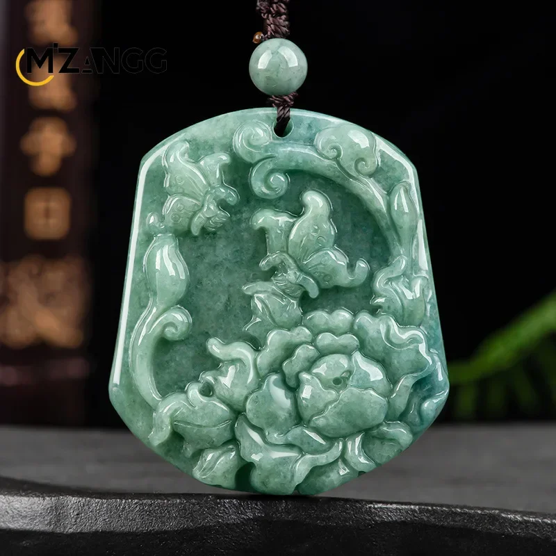 

Natural Myanmar Jadeite Butterfly Peony Flower Pendant Hand-carved Male and Female Fashion Charm Jewelry Mascots