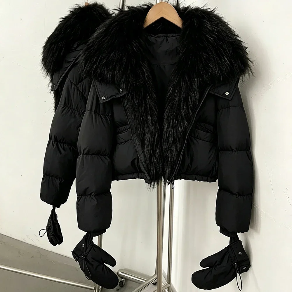 OFTBUY Damen-Daunenjacke mit Kapuze, kurze Oberbekleidung mit abnehmbaren Handschuhen, Reißverschluss, echtes Fell, Daunenjacke mit echtem Fuchsfell – Detail 11