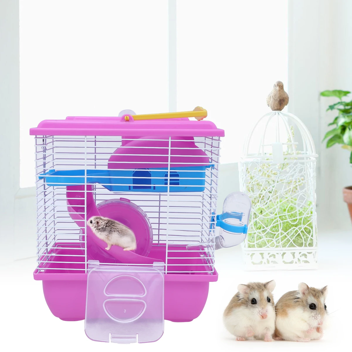 

Double Layer Hamster Villa Cage Pink Acrylic Pet For Small Pets Slide Running Wheel Leakproof Water Jug Eco Plastic