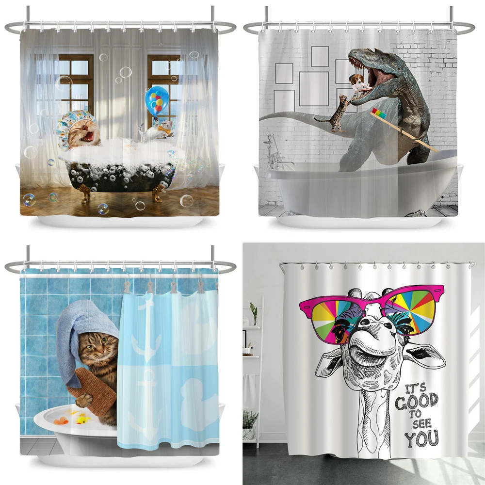 Funny Cute Cartoon Bathing Cat Dog Shower Curtains Bathroom Bathtub Decoration Waterproof Bath Curtain Home Decor with Hooks