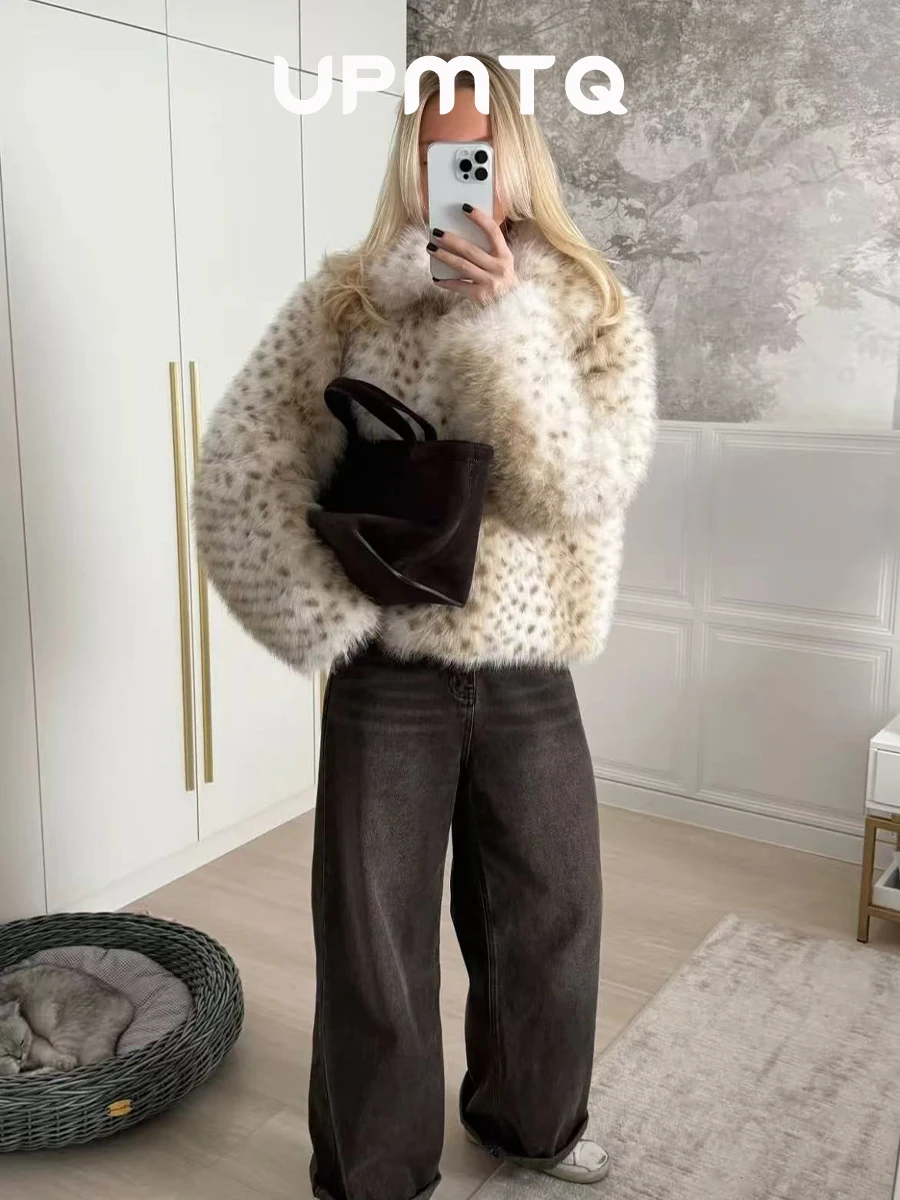 Deer Print Faux Fox Fur Cropped Shaggy Jacket in Beige Fluffy Lapel Collar School Student Trendy Warm Fur Coat Winter Outfit