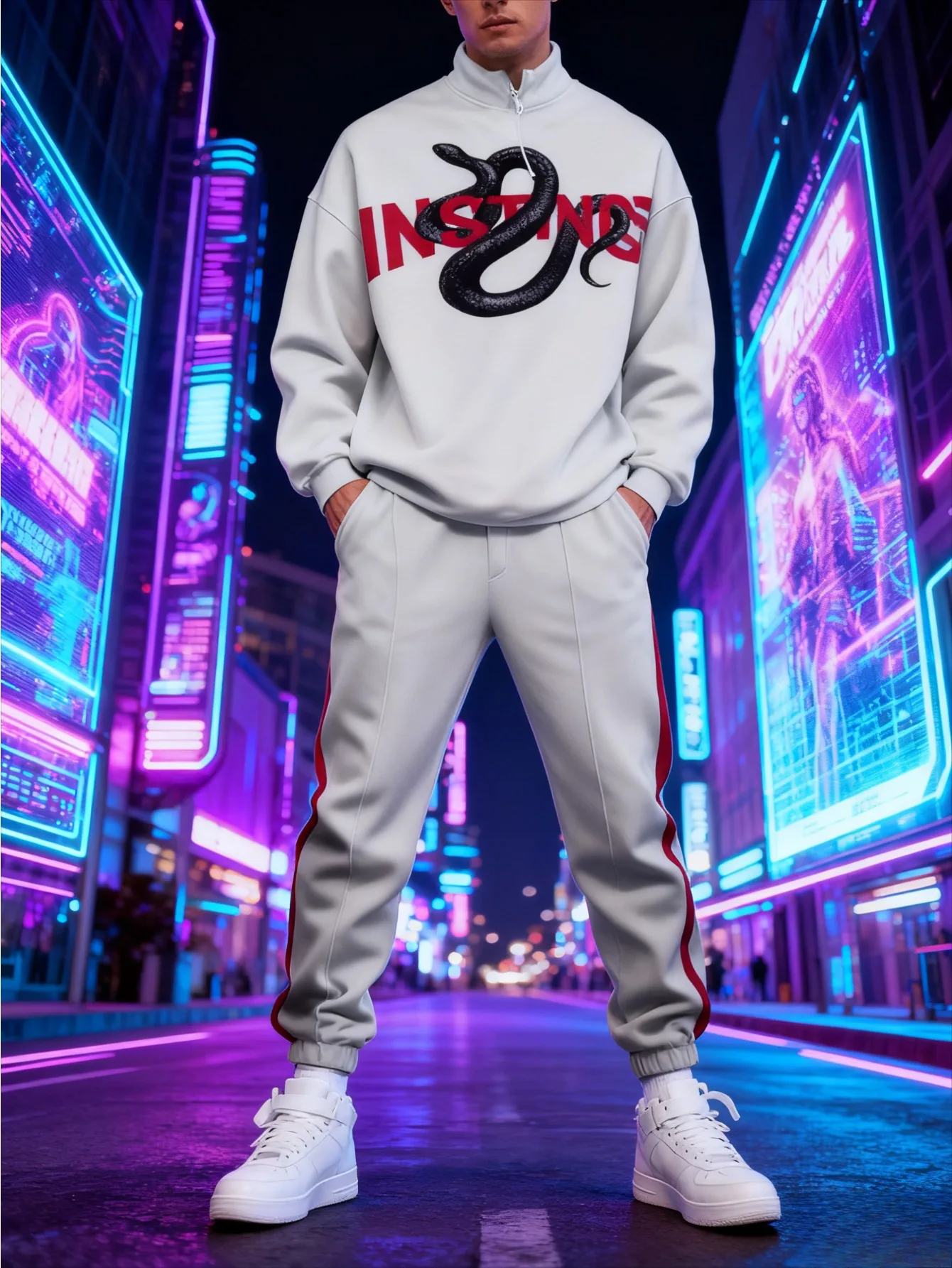 Conjunto deportivo con media cremallera y estampado digital para hombres europeos y americanos: tela de sudadera agradable para la piel de alta calidad