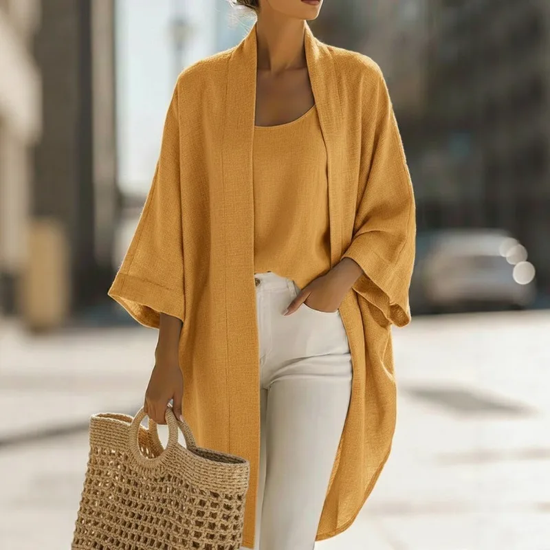

Women's Solid color 2 Piece Outfit Open Front Cardigan and Tank Top Casual Office Set Simple Casual Pure Cotton Linen long coat