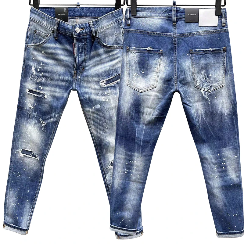 100 chareiharper c039 Men's skinny Skinny jeans Ripped Fabric Non-stretch Paint Splash vintage blue jeans c050 c053 c055