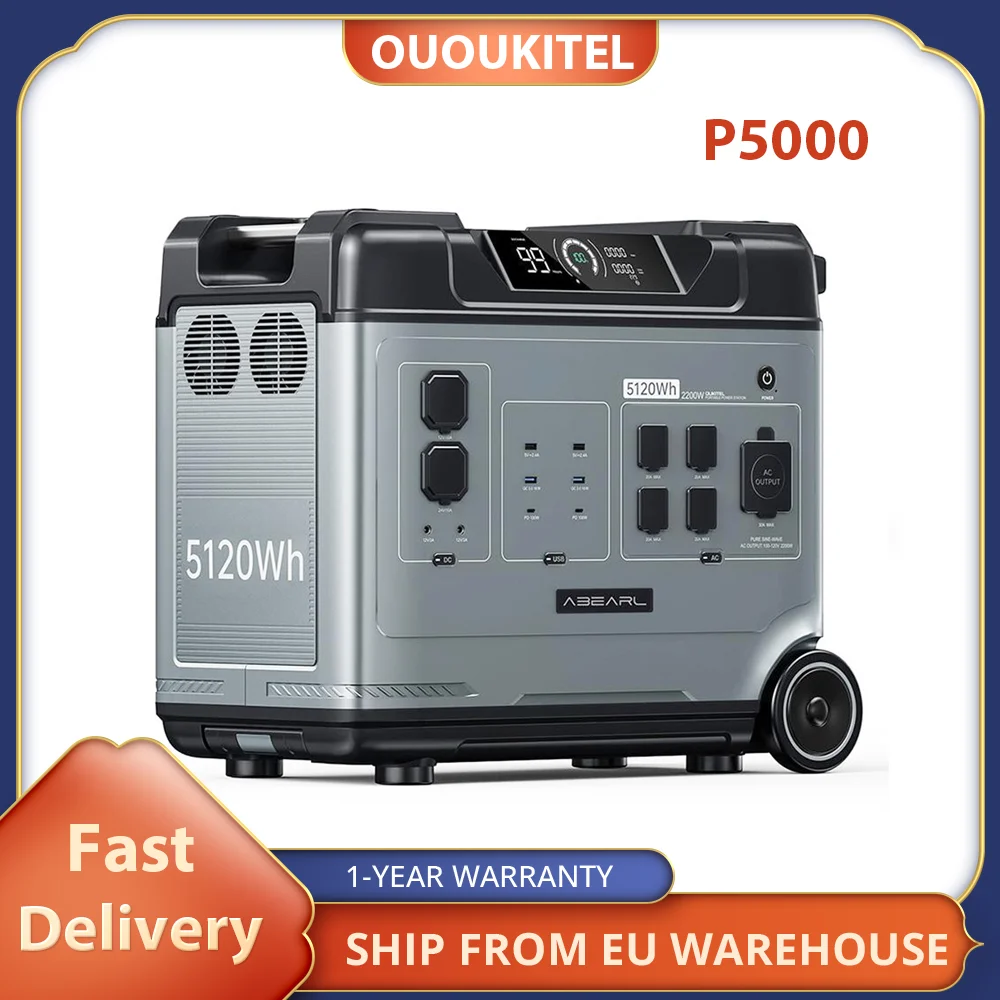 OUOUKITEL ABEARL P5000 Portable Power Station, 5120Wh LiFePO4 Battery, 2200W Output, Seamless 2000W UPS, 15 Outputs,LCD Display