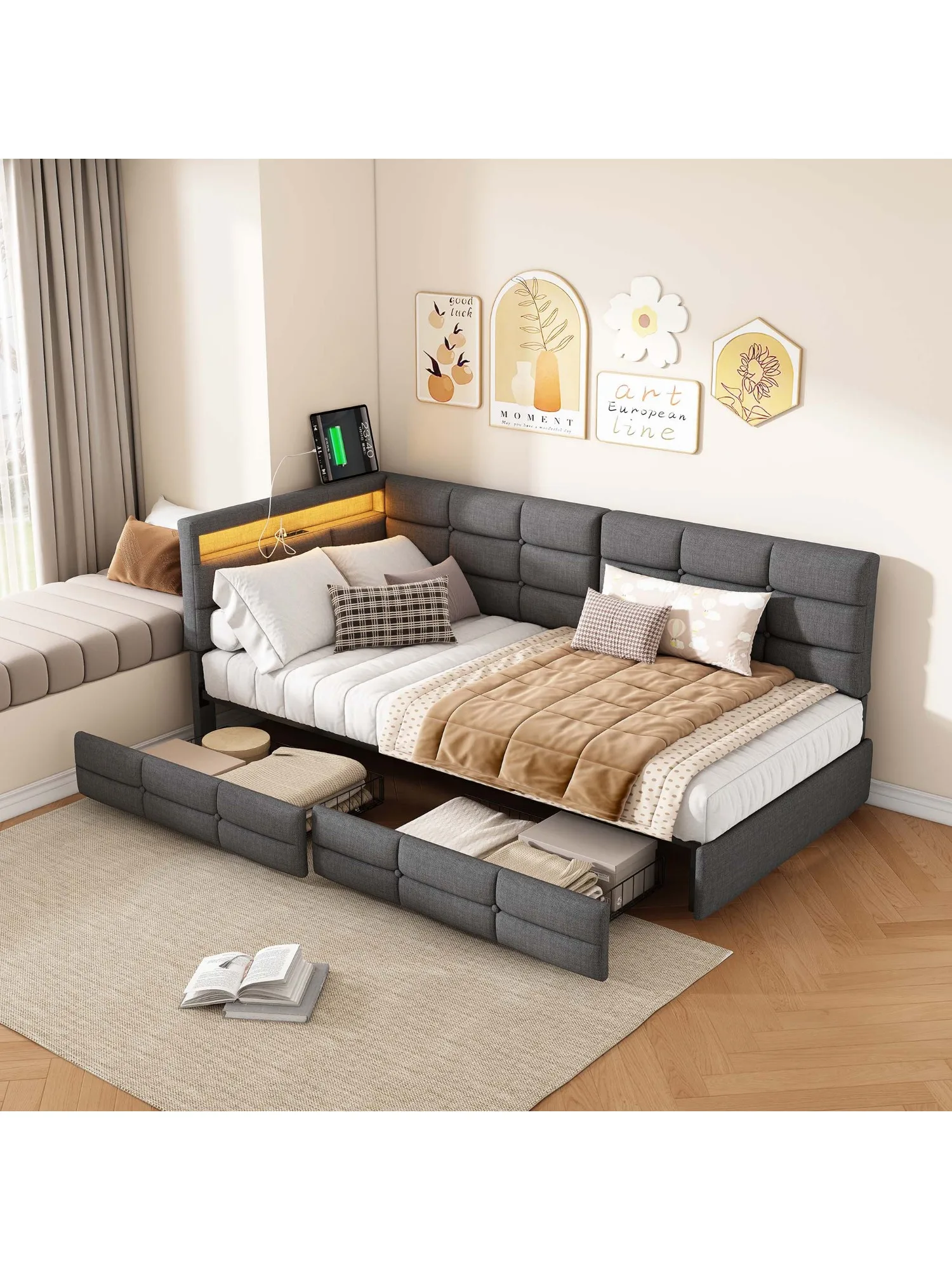 Rosahqnda eenpersoonsbed 90 x 200 cm, gestoffeerde slaapbank, met LED-verlichting en USB, jeugdbed met lattenbodem, dagbed, zonder matras - afbeelding 2