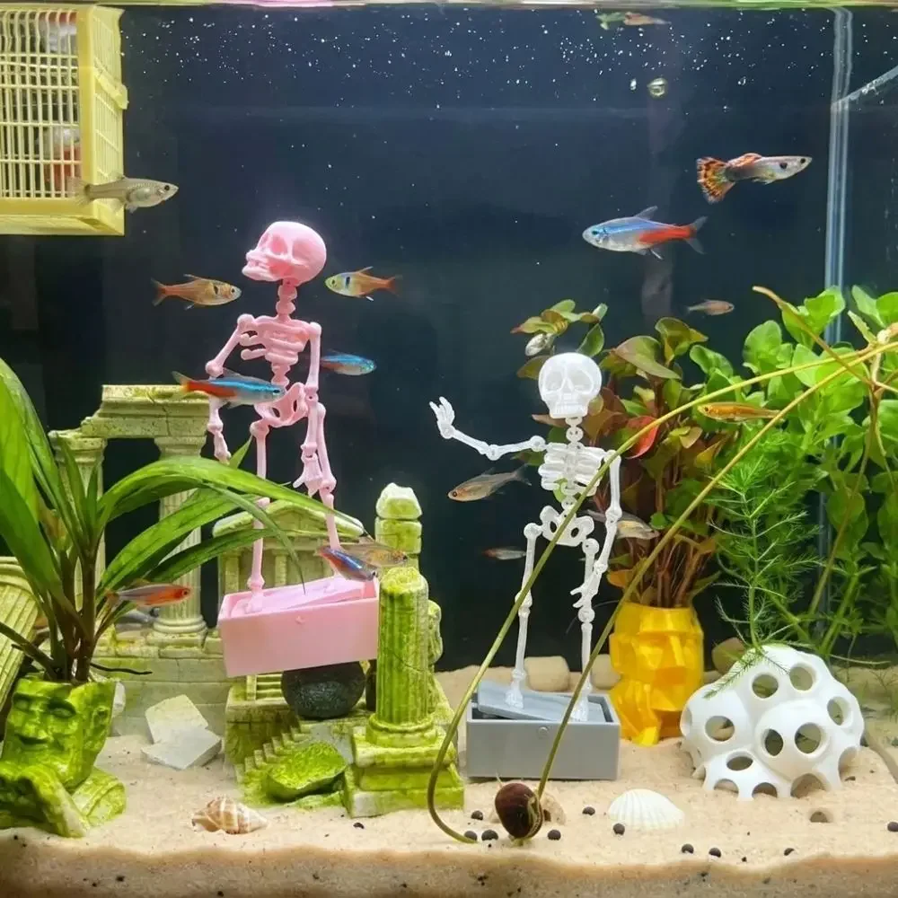 1 Stück Tanzender Skelett-Aquarium-Bubbler, 3D-gedruckter, sich bewegender Totenkopf, Aquarium-Dekoration mit Luftschlauch, gotische, luftbetriebene Halloween-Deko – Detail 4