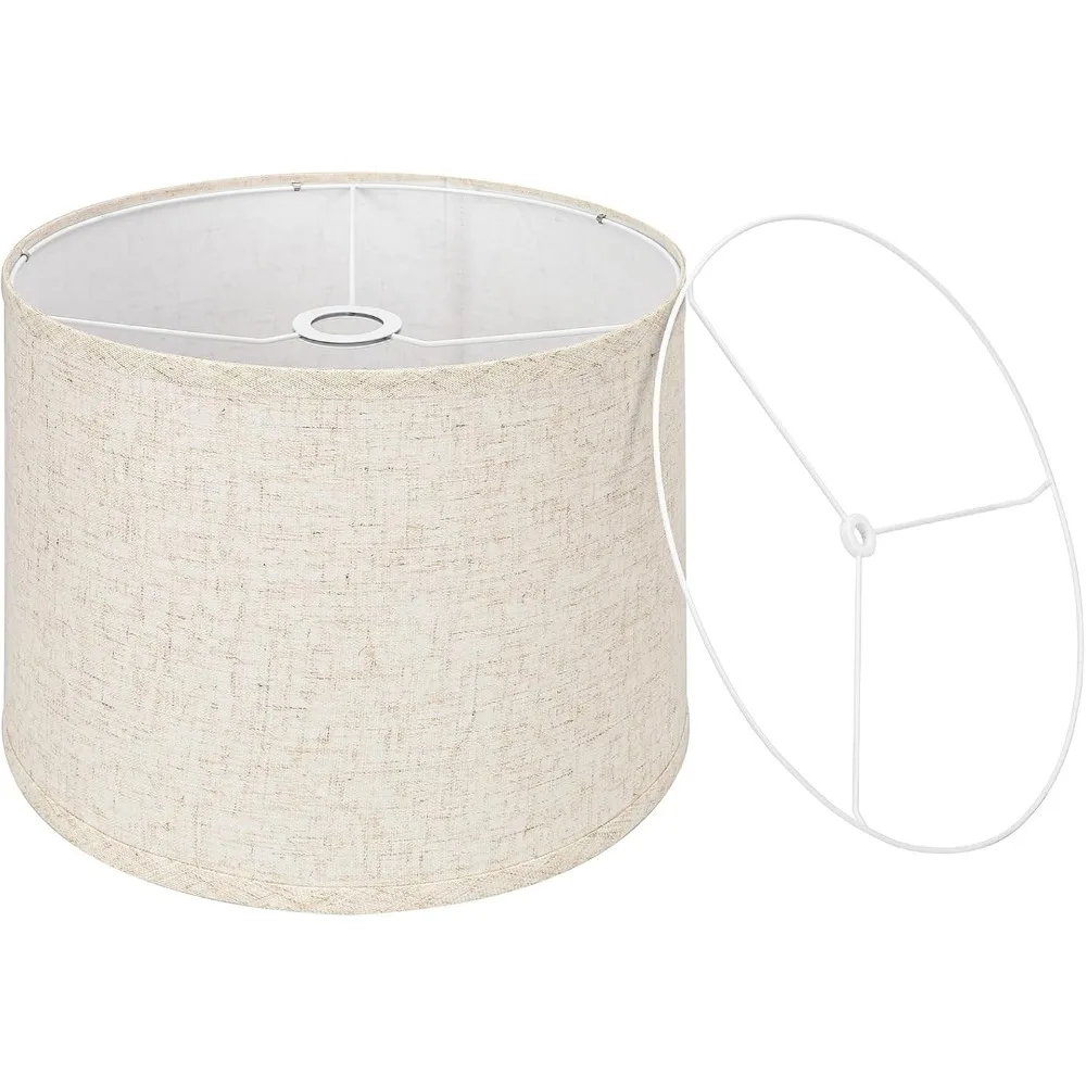 

beige drum lamp shade, 13" top x 13" bottom x 10" high, two different top rings (spider and uno fitter), lamp shade for table la
