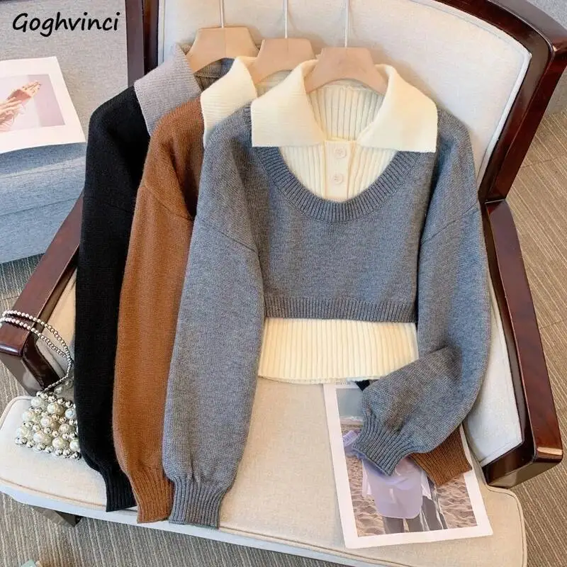 

Женские пуловеры с отложным воротником, 2 шт., уменьшающие возраст, стильные вязаные укороченные универсальные корейские модные нежные студенческие свитера