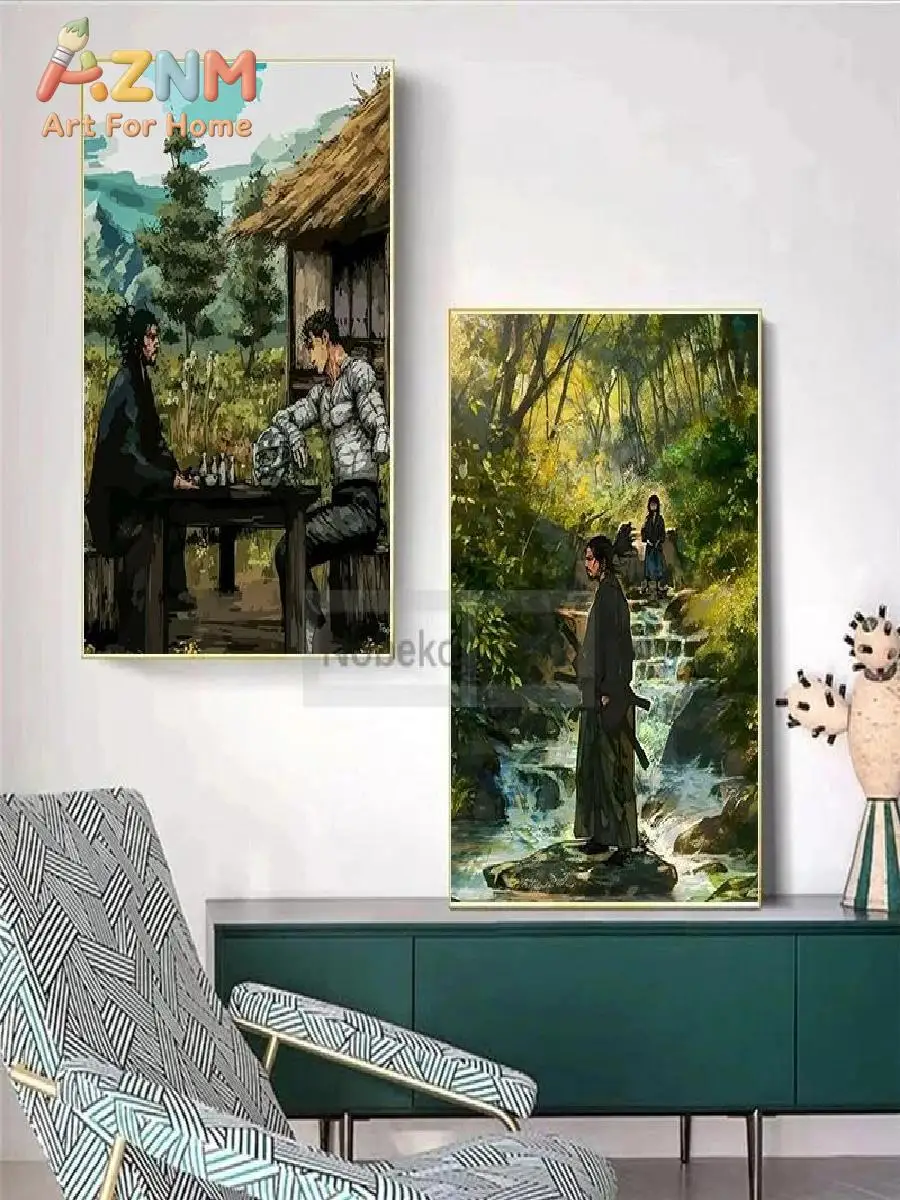 Vagabond Samurai Manga Canvas Art Print  Retro Japanese Black  White Wall Poster for Home Decor